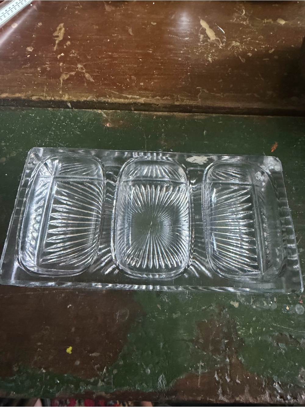 Vintage heavy pressed glass triple divided dish- ink well or open salt cellar
